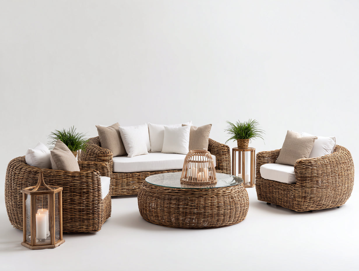 Gartensofa Set 4-teilig Polyrattan 170x90x75 cm - Naturbraun und Cremeweiß - mit Glastisch