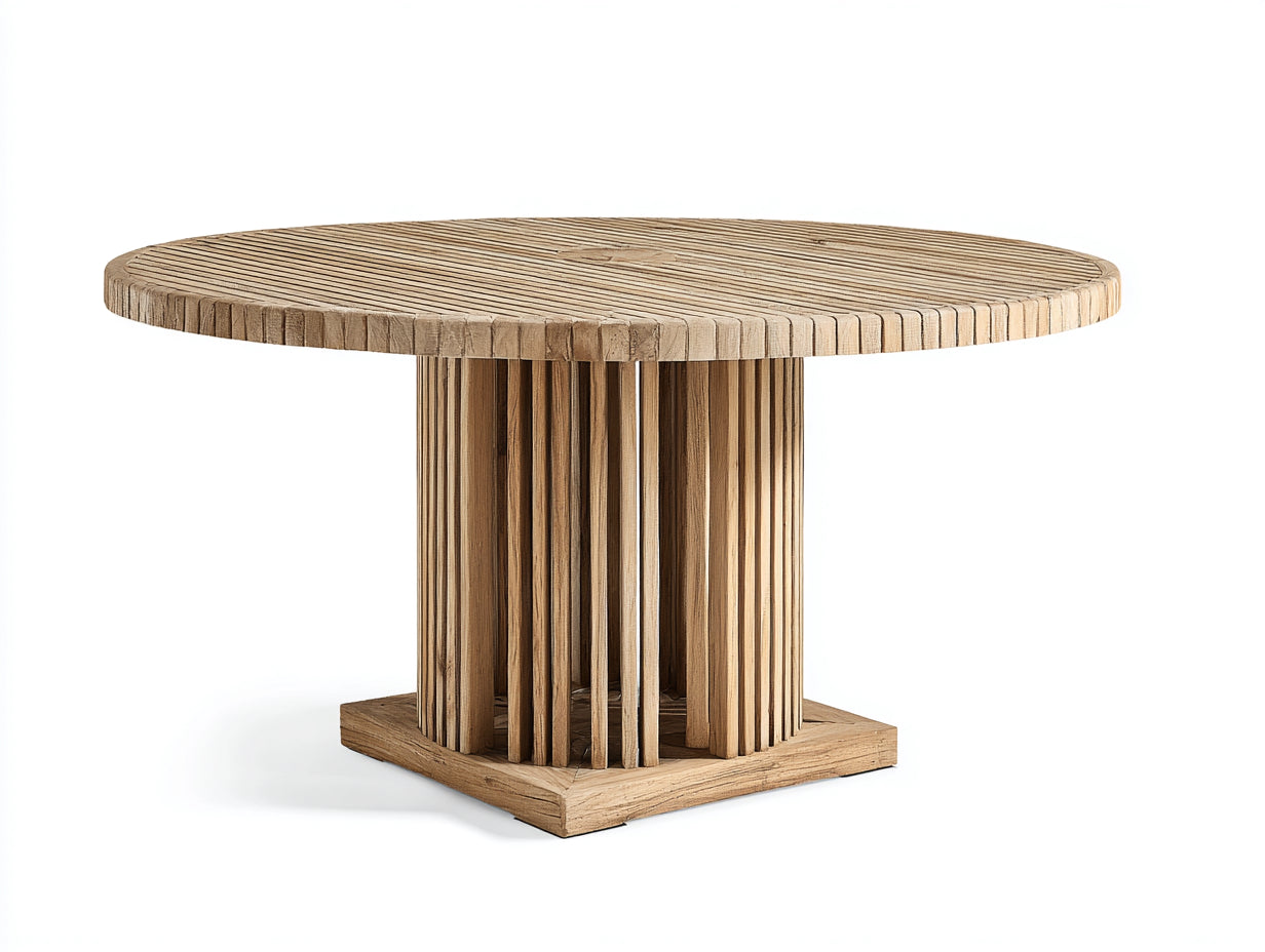 Gartentisch aus Holz 140 x 140 x 76 cm - Naturbraun - Runde Lamellentischplatte mit Säulengestell