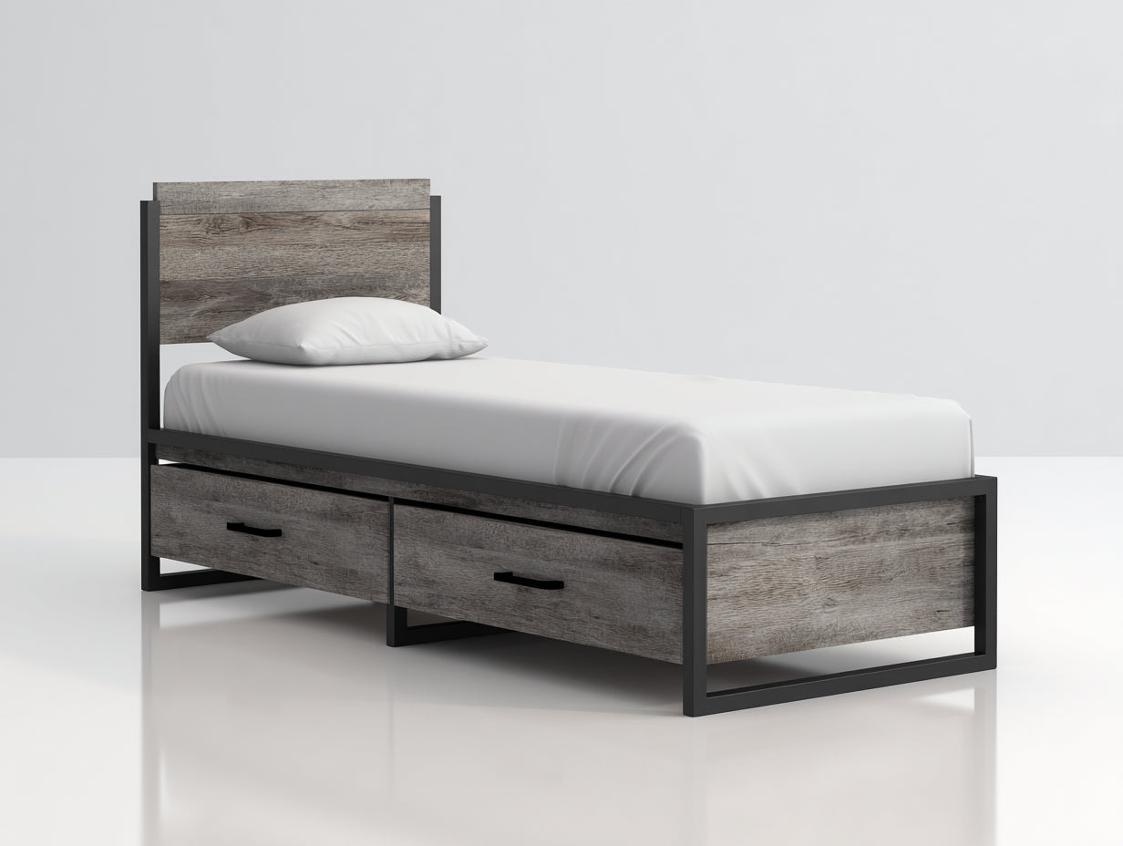 Einzelbett 90x200 cm Metallgestell Holzoptik Grau Schwarz - Modernes Design mit zwei Schubladen