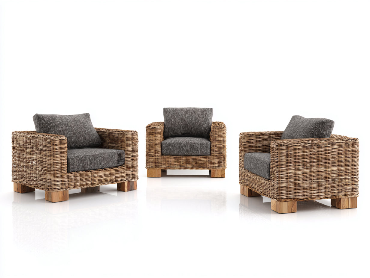 Gartensofa Sitzgruppe aus Rattangeflecht und Holz 90 x 85 x 78 cm - Braun und Dunkelgrau - 3-teilig für Garten und Terrasse