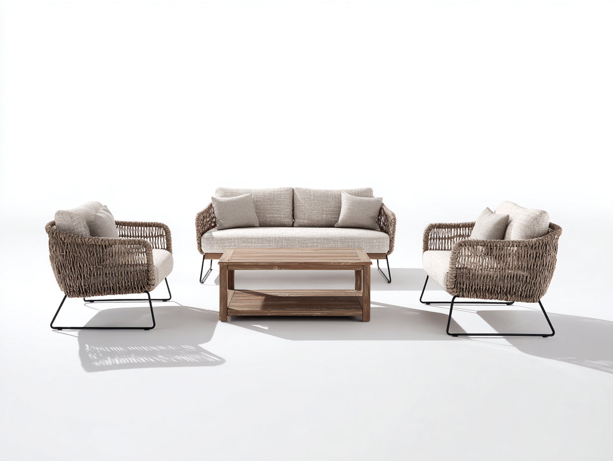 Gartensofa Set aus Seilgeflecht Metall und Holz 170 x 90 x 76 cm - Beige Braun und Schwarz - 4-teilig mit Gartentisch