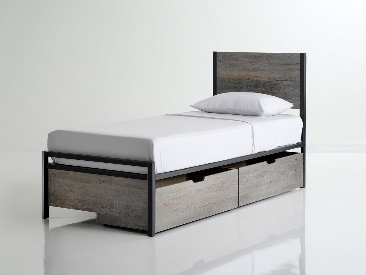 Einzelbett Metallbett 205x95x90 cm - Holzoptik und Schwarz - Modernes Bettgestell mit Schubladen für Schlafzimmer