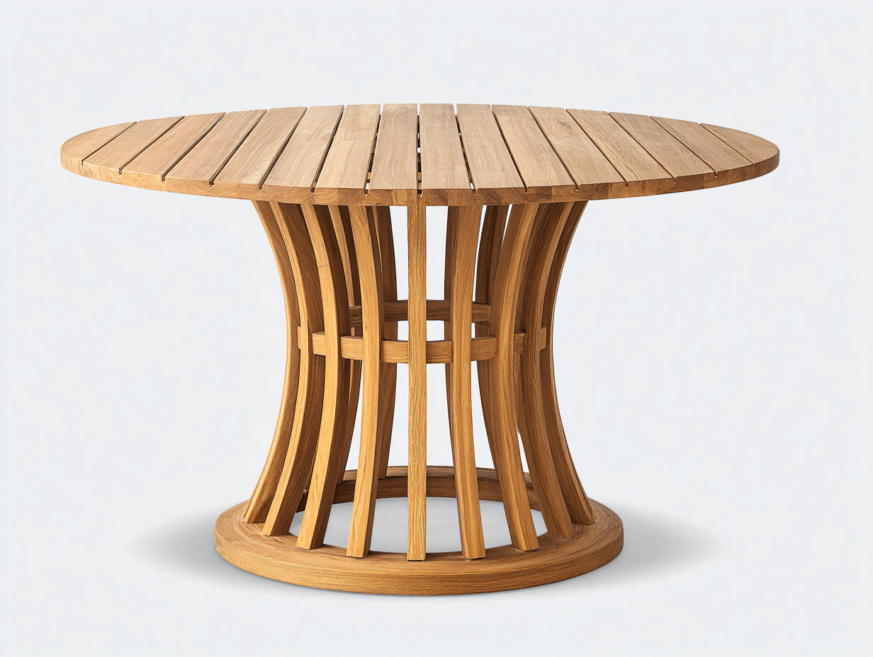 Gartentisch aus Holz 130 x 130 x 76 cm - Naturbraun - Runde Lamellentischplatte mit geschwungenem Säulengestell